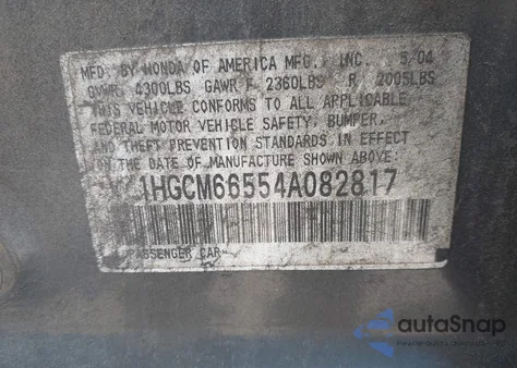 2004 Honda Accord 3.0 Ex from USA, damaged, VIN 1HGCM66554A082817